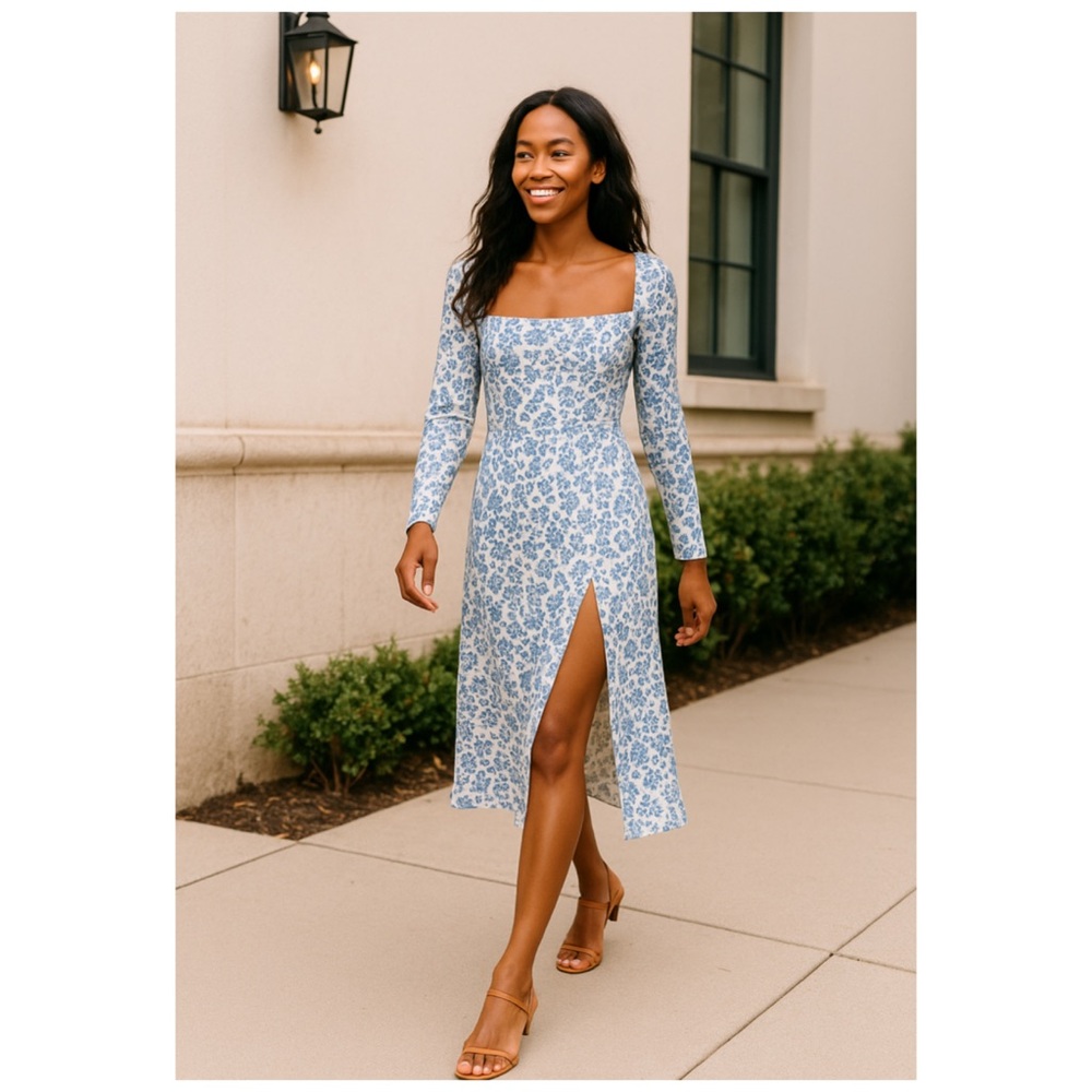 REFORMATION Sigmund Milonesa Blue White Floral Long Sleeve Slit Midi Dress Sz 24